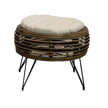 Pouf en rotin assise coussin tissu écru et pieds en fer CANADA