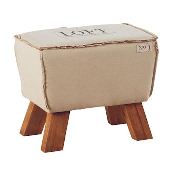 Pouf tabouret trapèze "Loft" tissu écru beige et pieds pin 51x32x44cm LYNE