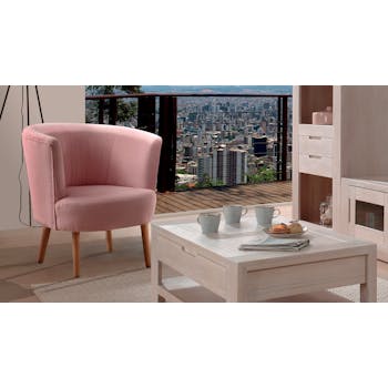 Fauteuil Cabriolet tissu Microfibres rose pâle et pieds Hévéa massif 81x75x70cm RONAL
