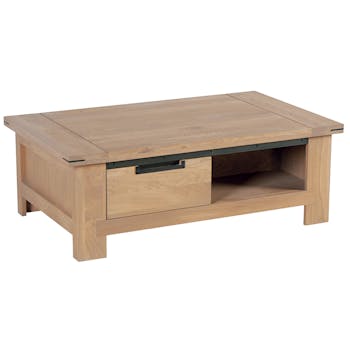 Table basse Chêne ciré et métal patiné 1 tiroir 115x70x40cm CUBA
