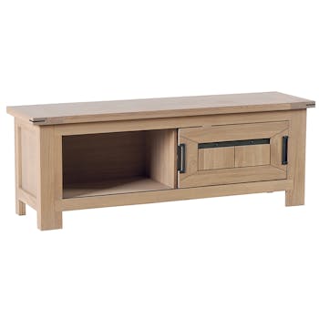 Meuble TV Chêne ciré et métal patiné 1 porte coulissante, 2 niches 140x42x55cm CUBA
