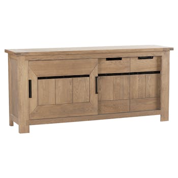Buffet bas Chêne ciré et métal patiné 3 portes dont 1 coulissante et 1 tiroir 195x90x50cm CUBA
