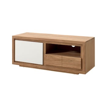 Meuble TV bois bicolore naturel / laqué blanc en Chêne massif 1 porte, 1 tiroir, 1 niche 128x40x50cm MALMOE