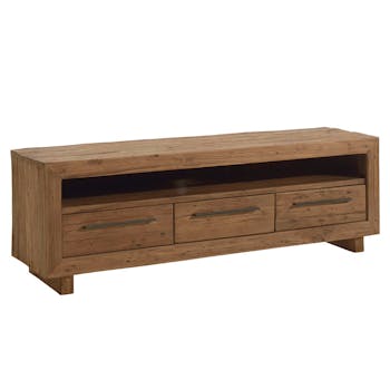 Meuble TV en Teck massif naturel recyclé, 3 tiroirs, 1 grande niche 160x45x54cm KERALA