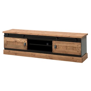 Meuble TV en pin massif brossé et laqué noir, 2 portes coulissantes, 2 niches 180x43x50cm SHERBROOKE