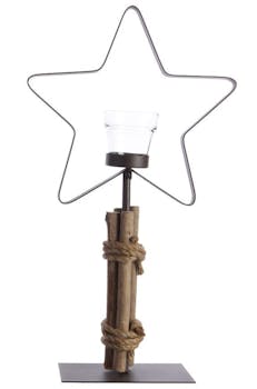 Photophore Etoile en métal sur pied bois 32cm