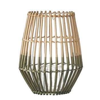 Lanterne / Photophore forme Trapèze en osier ajouré bi-tons naturel et vert D27xH34cm