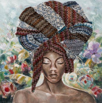 Tableau femme africaine à grande coiffe brune 100x100