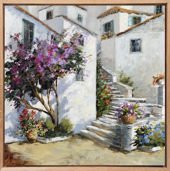 Tableau PAYSAGE Village du sud II Caisse américaine en chêne 80x80cm