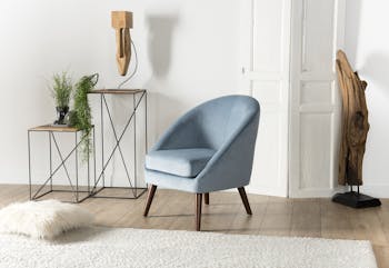 Fauteuil velours bleu clair pieds bois STOCKHOLM