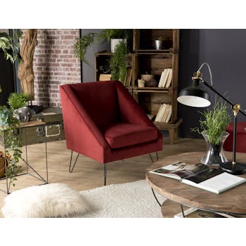 Fauteuil velours rouge bordeaux pieds épingle STOCKHOLM