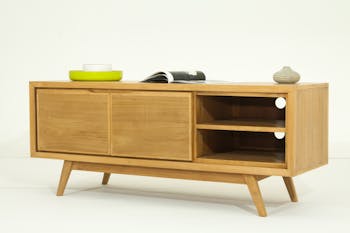 Meuble TV en teck massif naturel 2 portes et 2 tiroirs 136x45x55cm FIFTEES