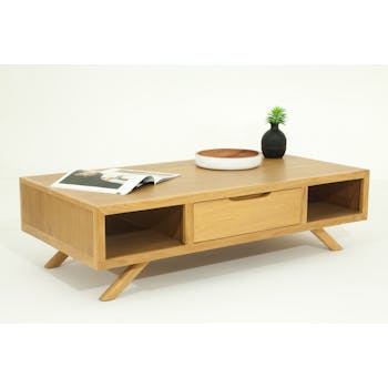 Table basse en Teck massif naturel 2 tiroirs et 2 niches traversantes 120x60x34cm FIFTEES