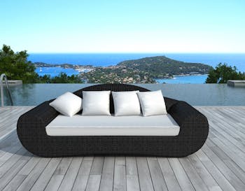 Canapé de Jardin BORNEO en résine ronde tressée noire et coussins tissu blanc écru