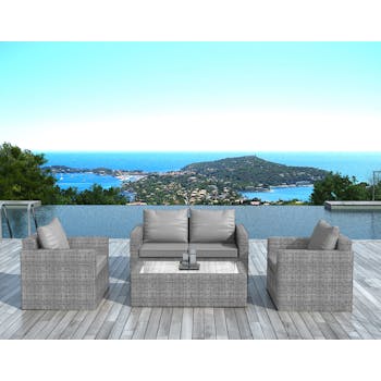 Salon de Jardin VENISE 4 pièces en résine tressée grise et coussins tissu gris clair