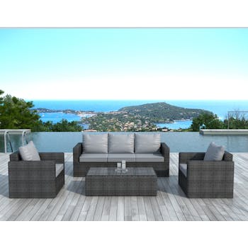 Salon de Jardin NAPOLI 4 pièces en résine tressée grise anthracite et coussins tissu gris clair