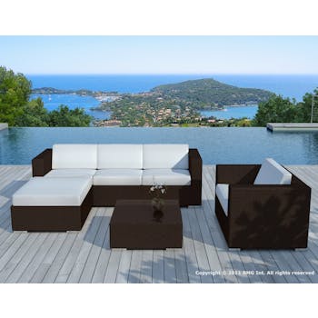 Salon de Jardin COPACABANA 6 pièces en résine couleur chocolat et coussins tissu blanc écru