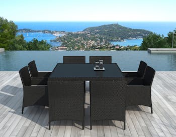 Ensemble de Repas LE CARRE 9 pièces 140x140cm en résine tressée noir et coussins tissu blanc écru