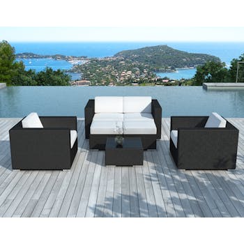 Salon de Jardin PAUSA 6 pièces en résine tressé noire et coussins tissu blanc écru