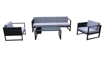 Salon de Jardin SUN 4 pièces en aluminium gris anthracite et coussins tissu gris clair