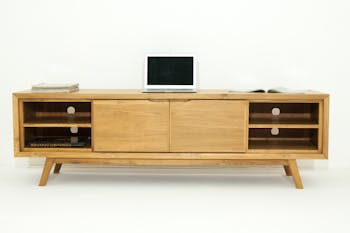 Meuble TV en Teck massif naturel 2 portes et 4 niches 180x45x55cm FIFTEES