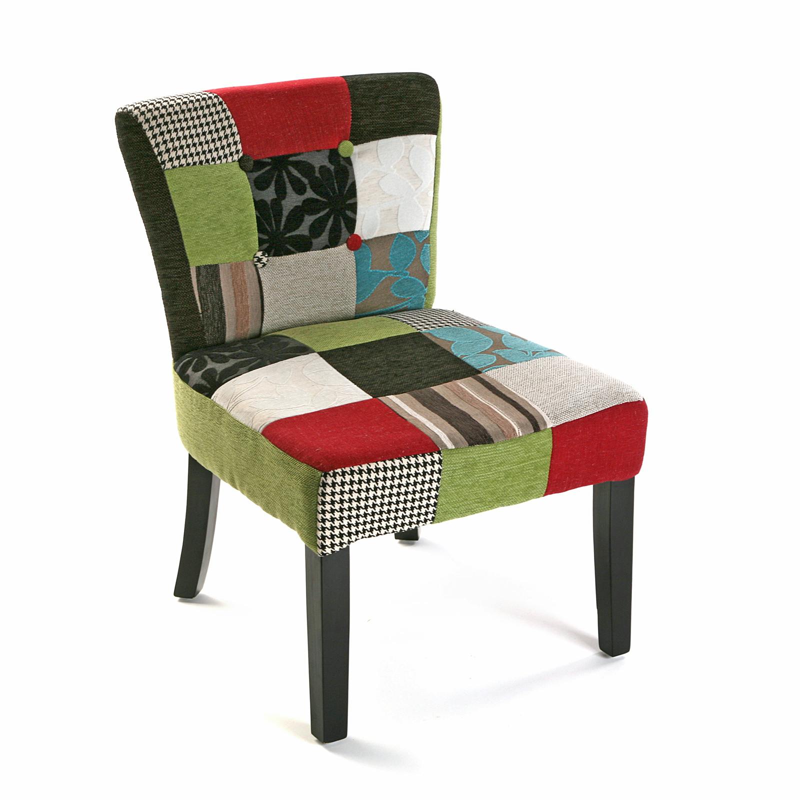 Fauteuil chaise en tissu Patchwork coloré et pieds bois 50x64x73cm