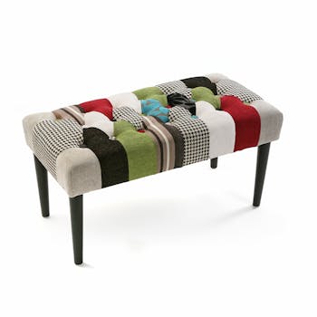 Banc / Bout de lit capitonné en tissu patchwork coloré et pieds bois noirs 80x40x45cm EIDER