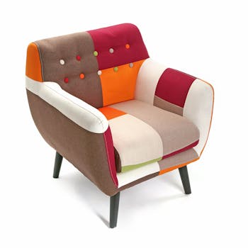Fauteuil Club en tissu Patchwork coloré et pieds bois 68x63x76cm GREEN
