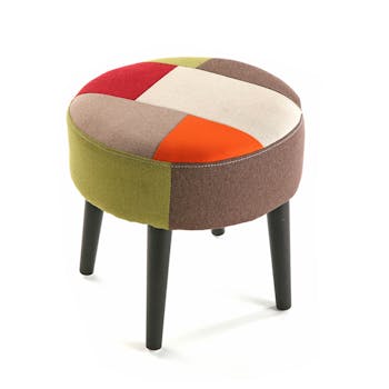 Tabouret pouf rond en tissu Patchwork coloré et pieds bois D35xH35cm GREEN