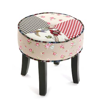 Tabouret pouf Romantique rond en tissu Patchwork coloré et pieds bois D35xH35cm ASHLEY
