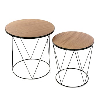 Lot de 2 tables d'appoint rondes plateau bois et pieds métal base cercle et triangles D50,5xH50cm LANDAISE