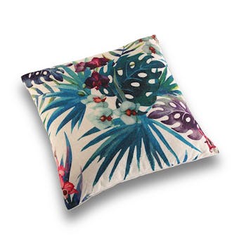Coussin épais tropical feuilles bleu vert et fleurs 45x45cm BORNEO