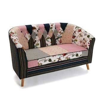 Banquette 2 places Romantique en tissu Patchwork coloré et pieds bois 138x73x84cm ASHLEY