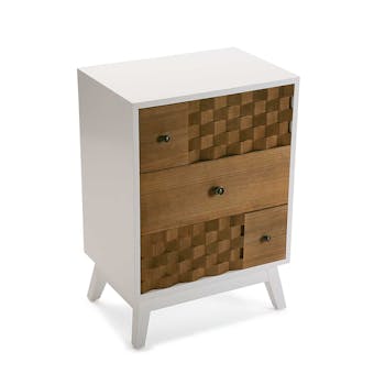 Table de Chevet / Bout de Canapé 3 tiroirs en bois blanc et tiroirs motif Patchwork 47x32x67cm HOSSEGOR