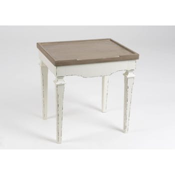 Bout de canapé bois Louis XVI blanc vieilli plateau naturel GUSTAVE L 50 x P 40 x H 50 AMADEUS