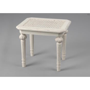 Tabouret de coiffeuse canné classique chic en bois blanc vieilli LEONIE L45 x P35 x H42 AMADEUS