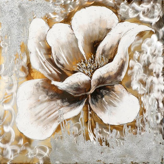 Tableau Fleur 70x70 Argenté Doré. Ajout d'éléments métal en relief