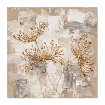 FLEURS 40x40 Peinture acrylique carré Beige et Doré