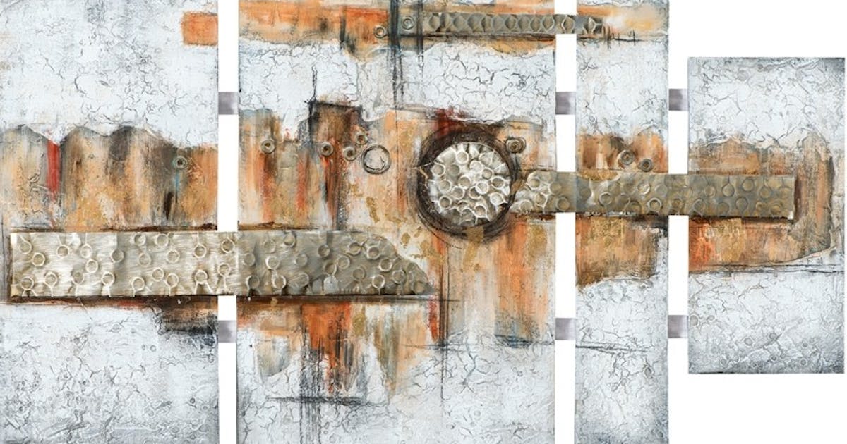 Tableau Abstrait Quadriptyque 100x134. Argenté. Ajout d'éléments métal