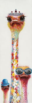 Tableau Autruches POP ART 50X160 Argenté. Peinture acrylique effet pailleté