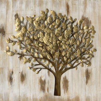 Tableau Arbre 100x100 ajout éléments métal en 3D sur bois. Peinture acrylique