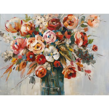 Tableau FLEURS Bouquet dans vase peinture acrylique et feuilles métal - tons noirs, blancs, couleurs et dorés 90x120cm