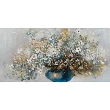 Tableau FLEURS bouquet vase bleu peinture acrylique et feuilles métal - tons noirs, blancs, couleurs, dorés et argentés 70x140cm