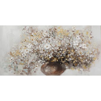 Tableau FLEURS bouquet vase marron peinture acrylique et feuilles métal - tons noirs, blancs, couleurs, dorés et argentés 70x140