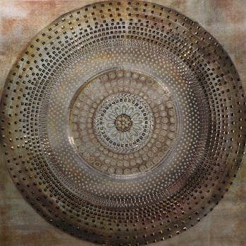 Tableau ABSTRAIT Rosace peinture acrylique et éléments métal - tons beiges, marrons et dorés 90x90cm