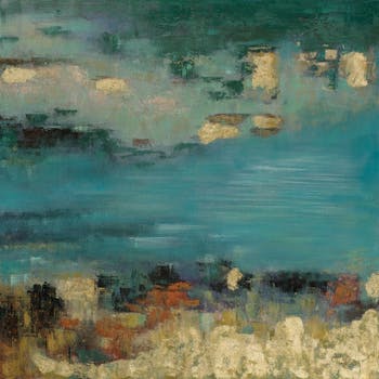 Tableau ABSTRAIT Paysage peinture acrylique et feuilles métal - tons beiges, marrons, bleus et dorés 115x115cm