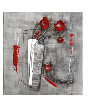 Décoration murale FLEURS Pavots rouges en 3D sur métal tons gris et blancs avec éléments métal 58x60cm