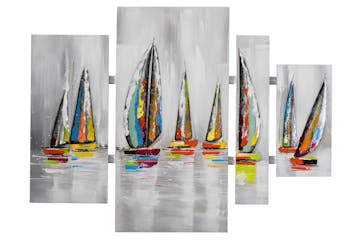 Tableau Quadryptique MARINE Voiliers couleurs vives sur ciel et mer gris avec éléments métal 100x134cm