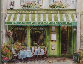 Tableau PAYSAGE Terrasse de Café devanture verte multicouleur 70x90cm