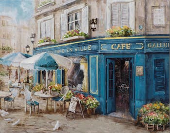 Tableau PAYSAGE Terrasse de Café devanture bleue multicouleur 70x90cm